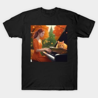 A Female Pianist With A Contented Orange Cat Sitting On The Piano In The English Countryside With An Autumn Mist T-Shirt